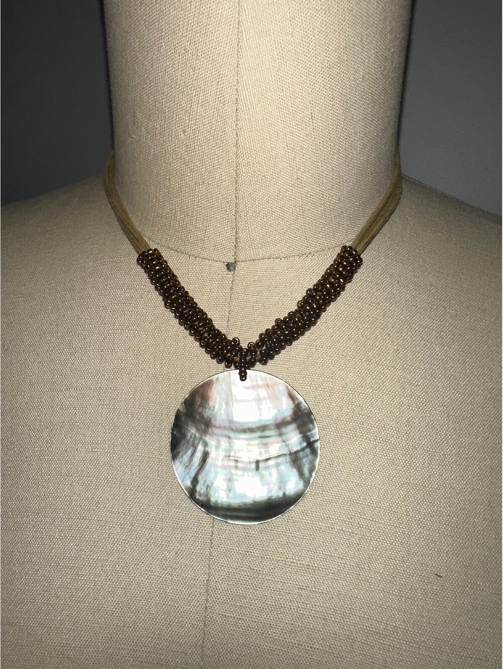 Lia Sophia Brown Beaded Cord Necklace Large Abalone-Like